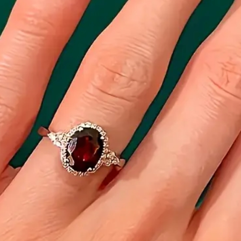 New Red Gemstone Halo Ring Silver Tone Statement Ring Promise Ring Various Sizes - Picture 4 of 4